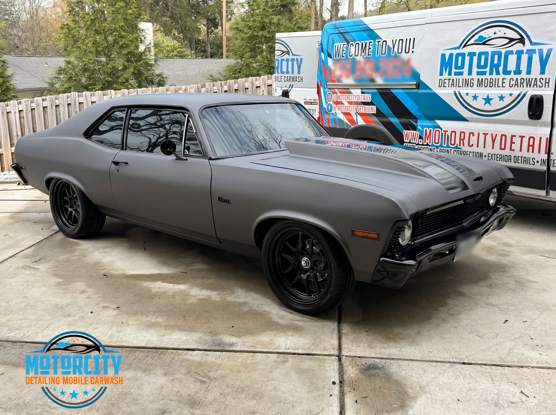 Mobile car detailing in Nashville, TN — classic Chevy Nova beside the Motorcity Detailing van
