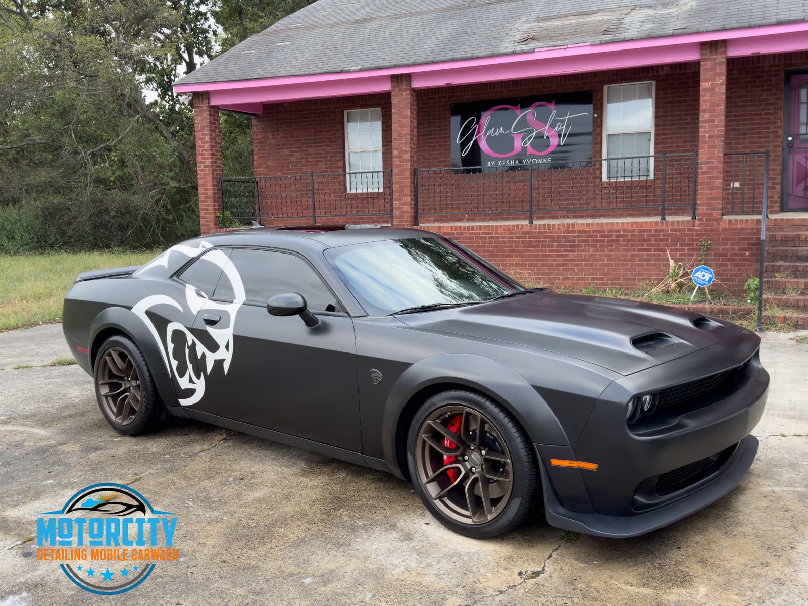Full car detailing on a satin black Dodge Challenger SRT Hellcat